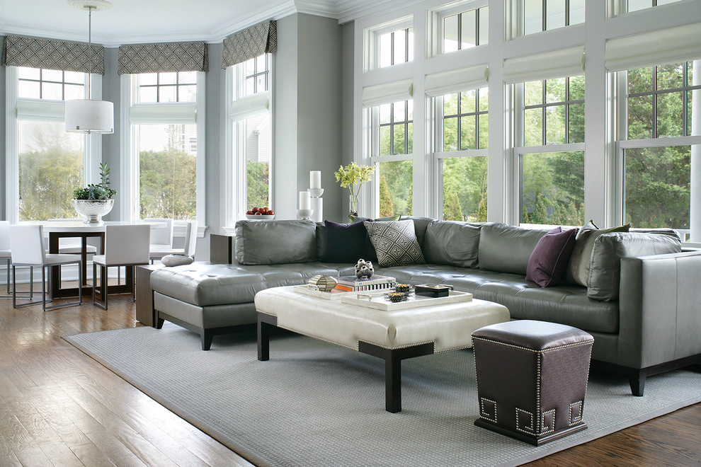 Gray Leather Couch Family Room Transitional with Bookcase Contemporary Fabric Cornice