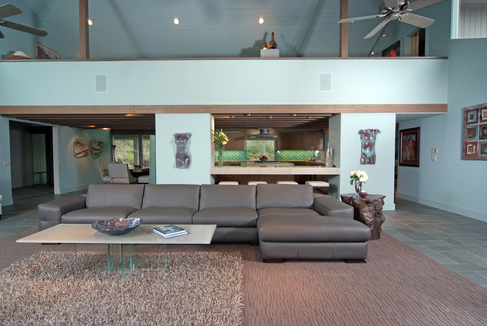 Gray Leather Sectional Living Room Contemporary with Art Ceiling Fan Chair