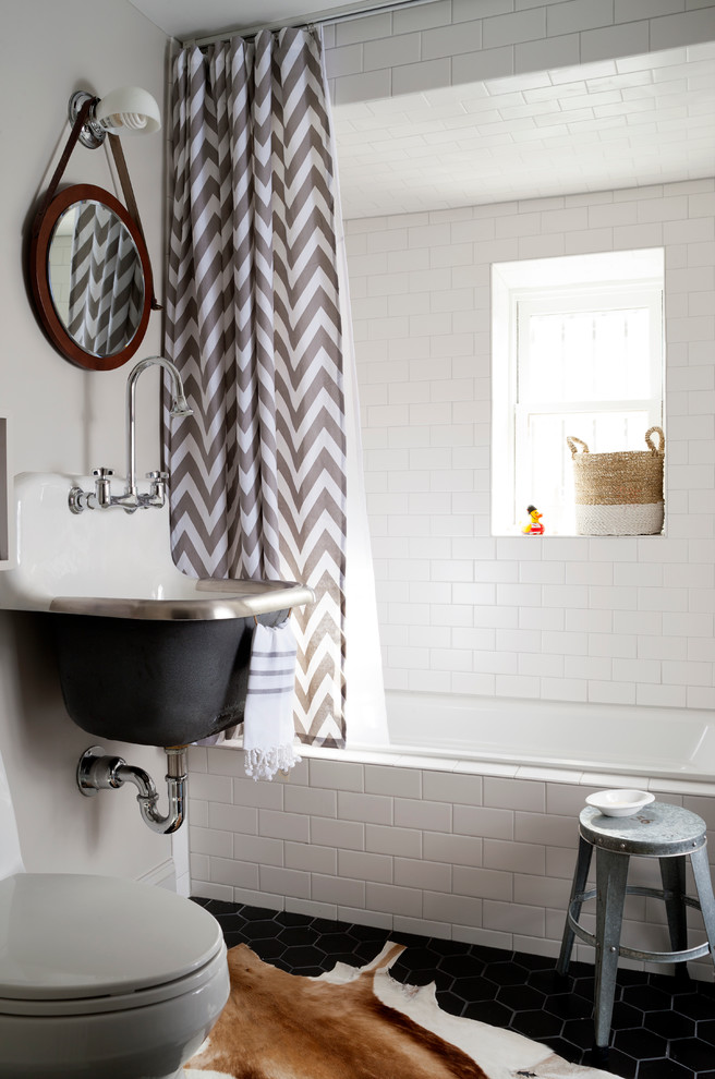 Gray Shower Curtain Bathroom Transitional with Animal Skin Rug Bridge