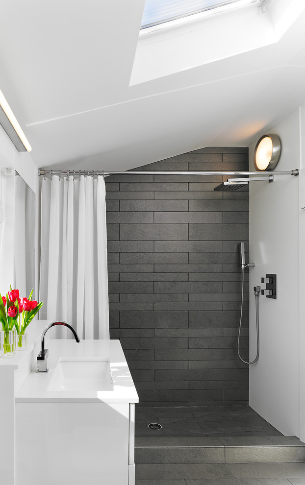 Gray Shower Tile Bathroom Modern with Chrome Fixtures Corian Panels