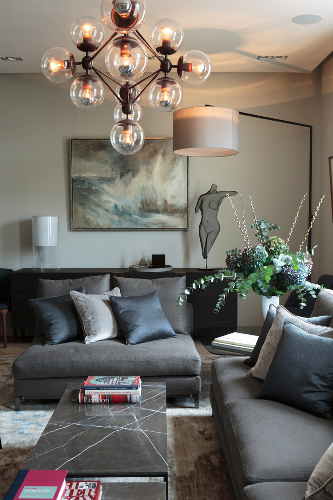 Gray Sofa Living Room Living Room Contemporary with Art Beige Wall Chandelier