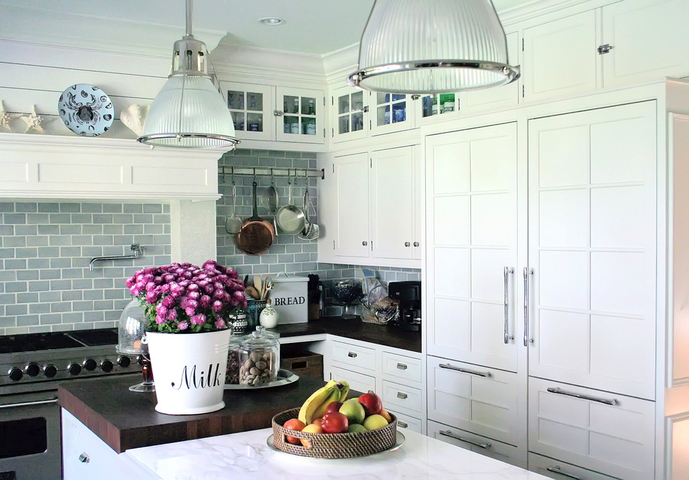 Gray Subway Tile Kitchen Traditional with Butcher Block Cabinet Front