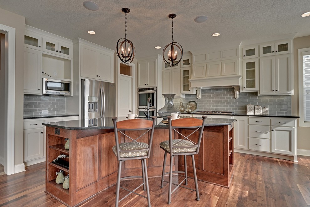 Gray Subway Tiles Kitchen Traditional with Beige Cabinets Beige Drawers