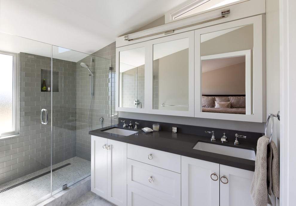 Gray Tile Bathroom Bathroom Contemporary with Black Countertop Chrome Glass1