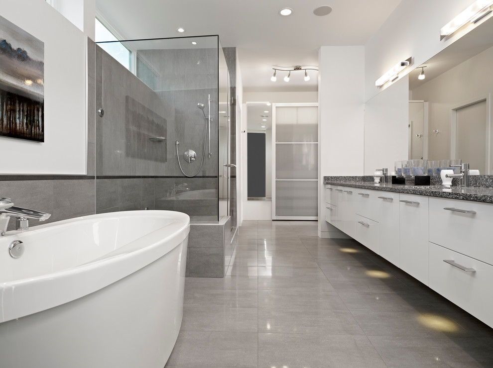 Gray Tile Bathroom Bathroom Modern with Art Faucet Freestanding Tub1
