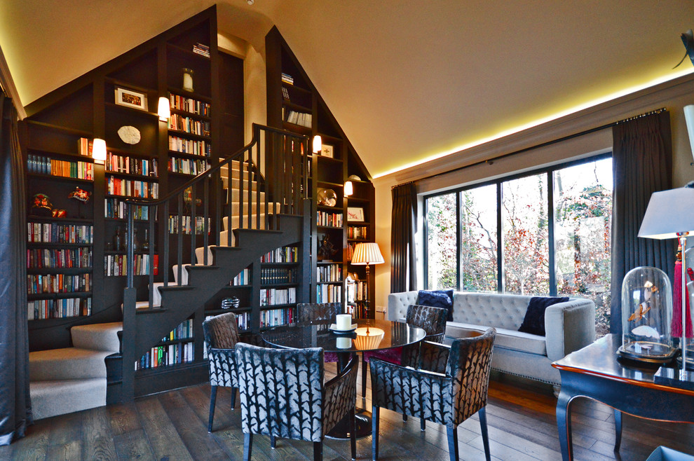 Gray Tufted Sofa Living Room Contemporary with Bookcase Cove Lighting Curving
