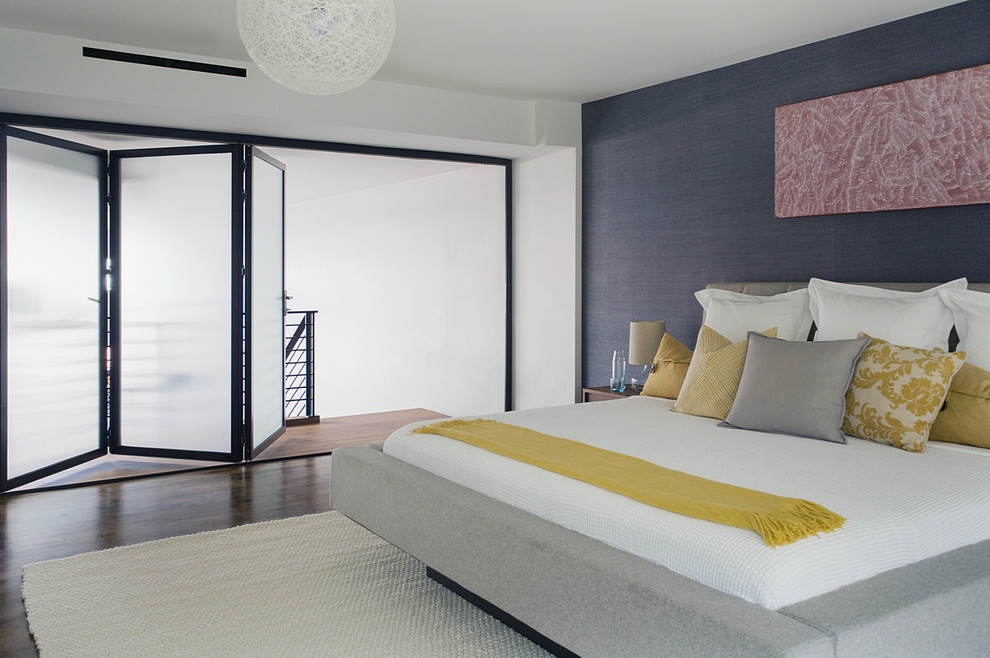 Gray Upholstered Bed Bedroom Contemporary with Beige Drum Table Lamp