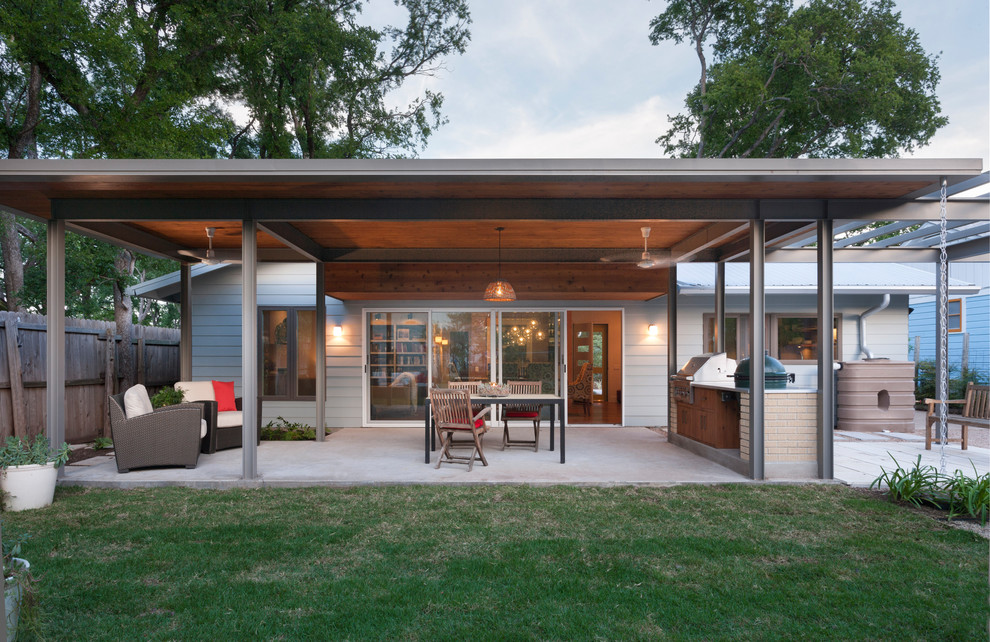 Green Egg Outdoor Kitchen Patio Contemporary with Ceiling Fan Flat Roof