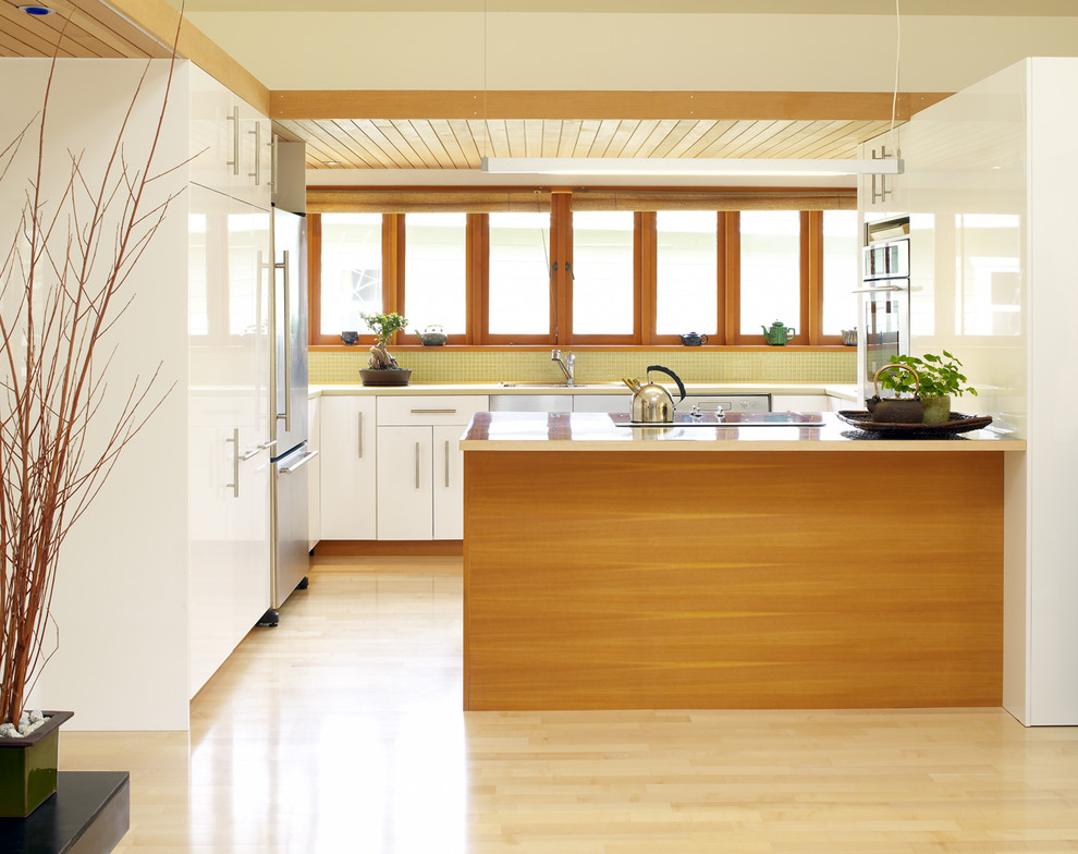 Green Glass Tile Backsplash Kitchen Modern with Casement Windows Kitchen Peninsula