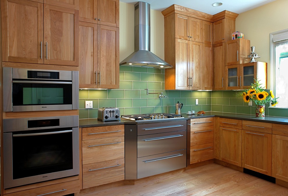 Green Glass Tile Backsplash Kitchen Transitional with Bar Pulls Beige Walls