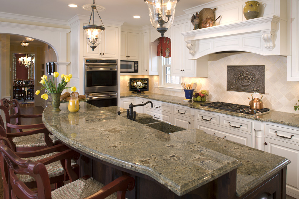 Green Granite Countertop Kitchen Traditional with Bell Pendant Lighting Breakfast1