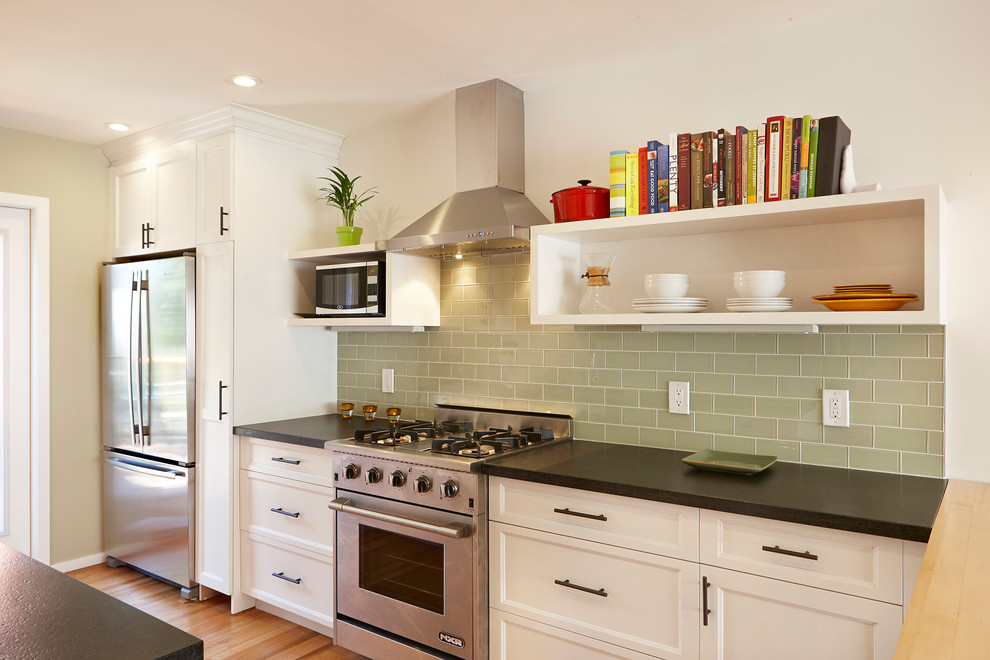Green Subway Tiles Kitchen Transitional with Black and White Black