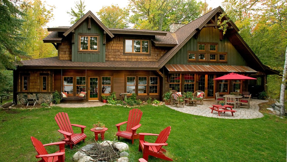 Green Tin Roof Exterior Rustic with Adirondack Chairs Board And