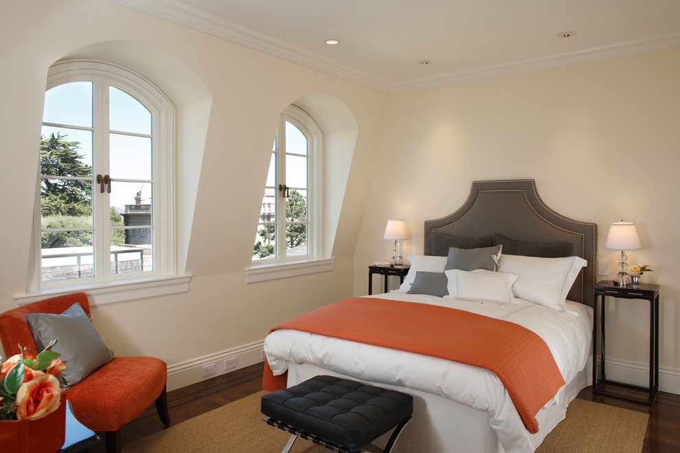 Grey and Orange Bedding Bedroom Contemporary with Arched Windows Crown Molding