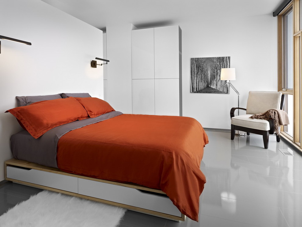 Grey and Orange Bedding Bedroom Modern with Besta Closet Glossy Floor