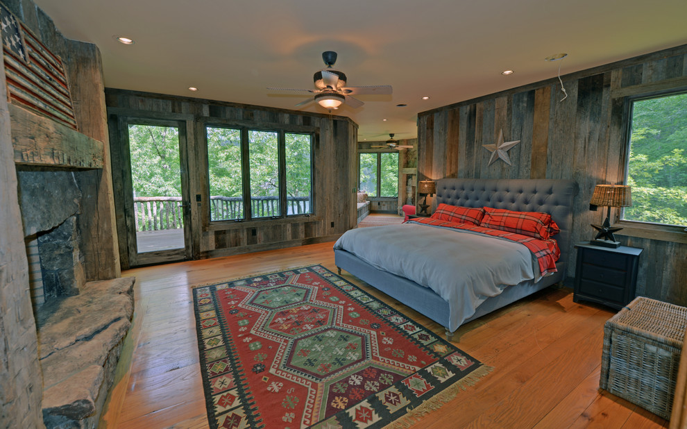 Grey and Orange Bedding Bedroom Rustic with Ceiling Fan Distressed Wood