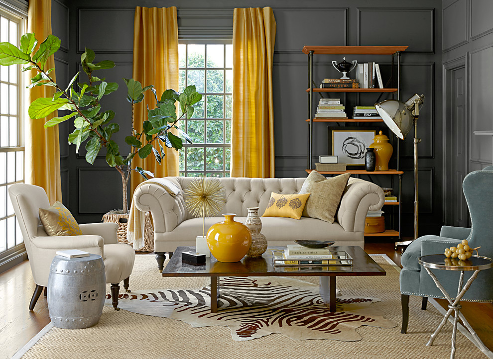 Grey and Yellow Curtains Living Room Contemporary with None 