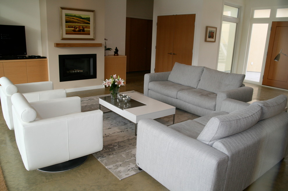 Grey Couch Living Room Family Room Contemporary with Beige Wall Club Chair1