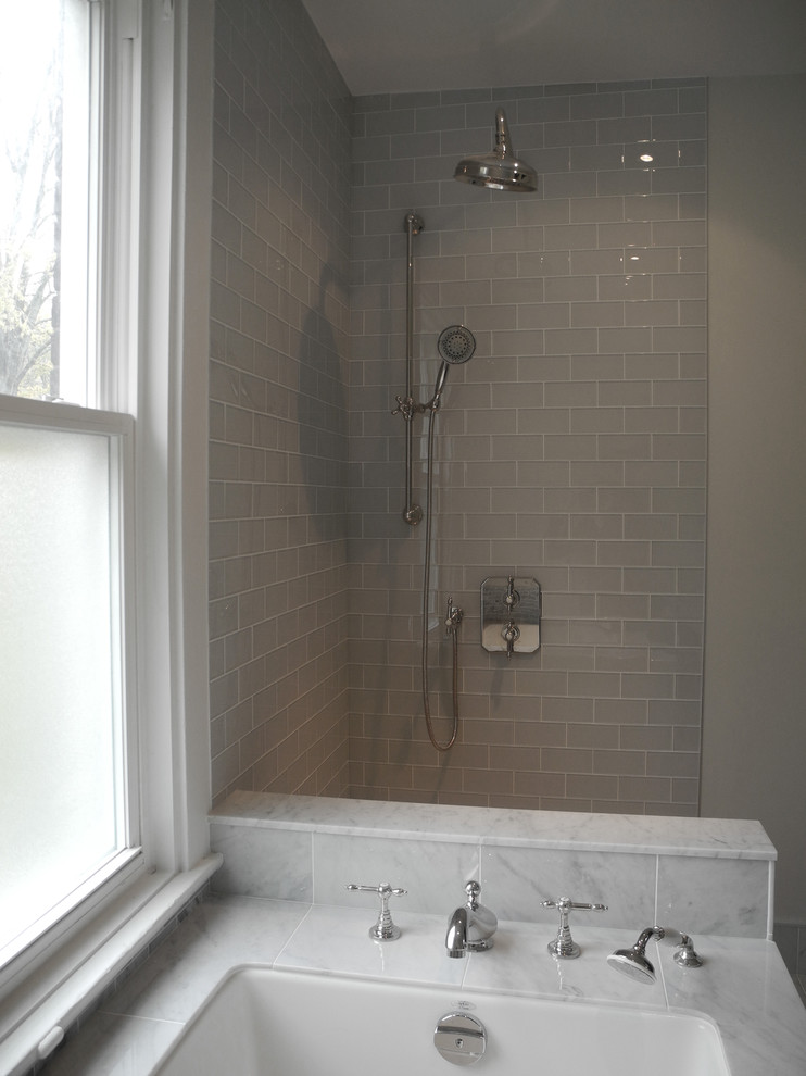 grey glass subway tile Bathroom Contemporary with black and white bathroom