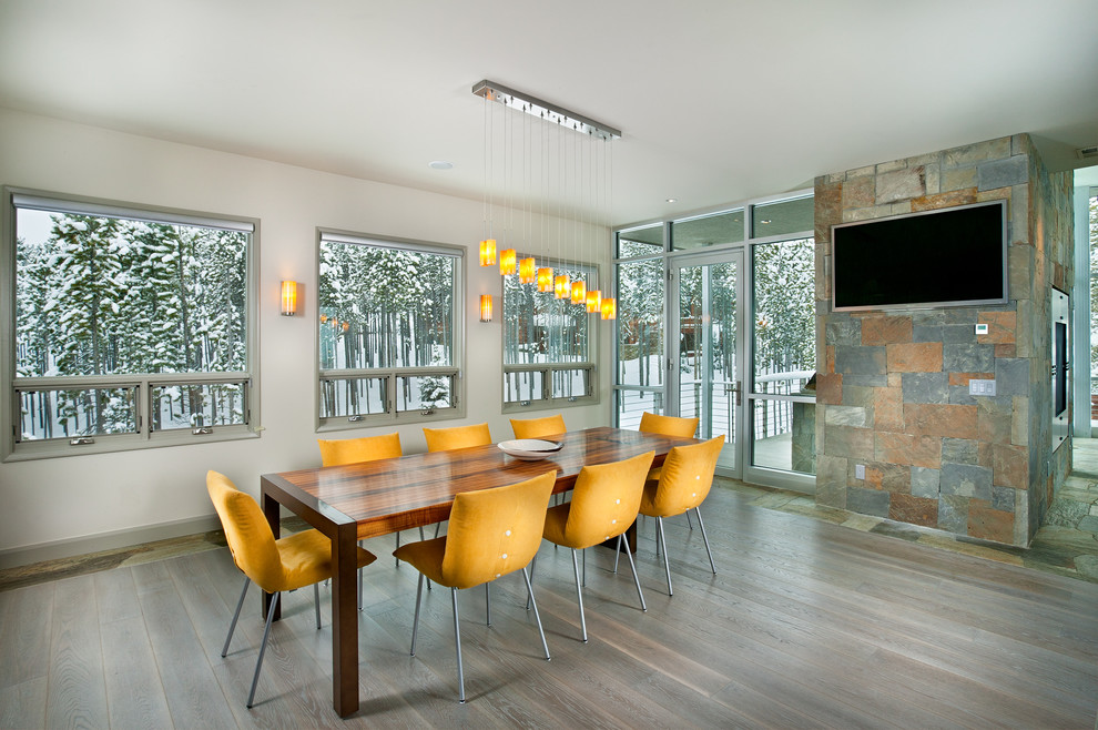 Grey Hardwood Floors Dining Room Contemporary with Awning Windows Chandelier Glass