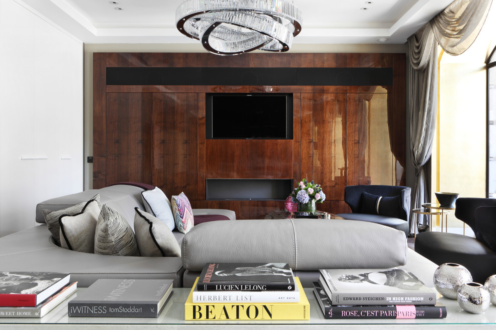 Grey Leather Sectional Living Room Contemporary with Beige Curtains Black Side