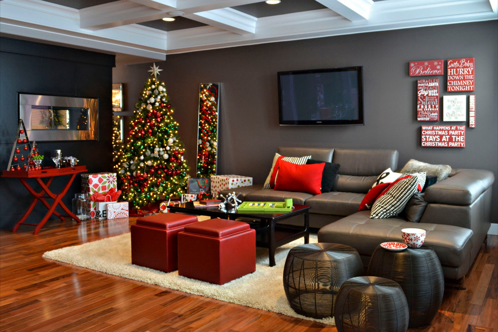 Grey Leather Sectional Living Room Contemporary with Black and White Throw