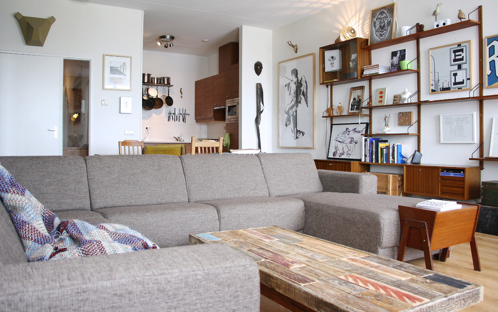 Grey Sectional Sofa Family Room Eclectic with Art Collection Black And