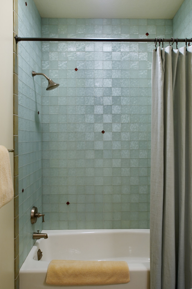 Grey Shower Curtain Bathroom Eclectic with Blue Tile Glass Tile