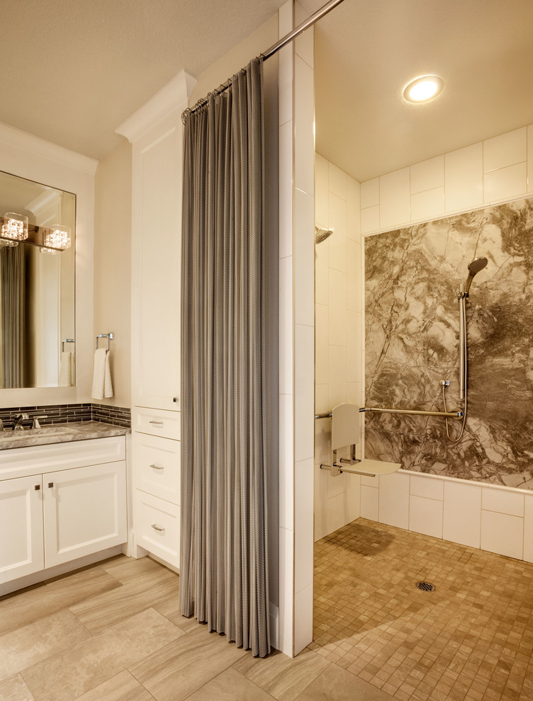 Grey Shower Curtain Bathroom Transitional with Brown Floor Tile Gray