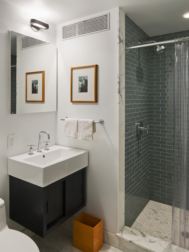 Grey Shower Tile Bathroom Contemporary with Block Sink Clear Shower