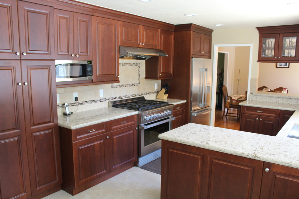Grey Tile Backsplash Kitchen Traditional with Built in Microwave Cherry
