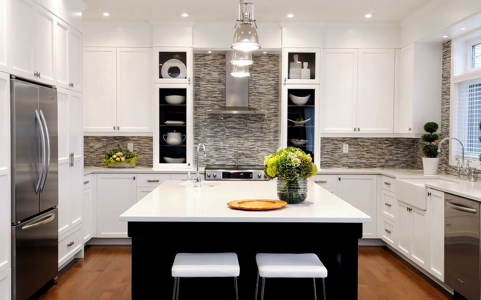 Grey Tile Backsplash Kitchen Transitional with Apron Sink Breakfast Bar