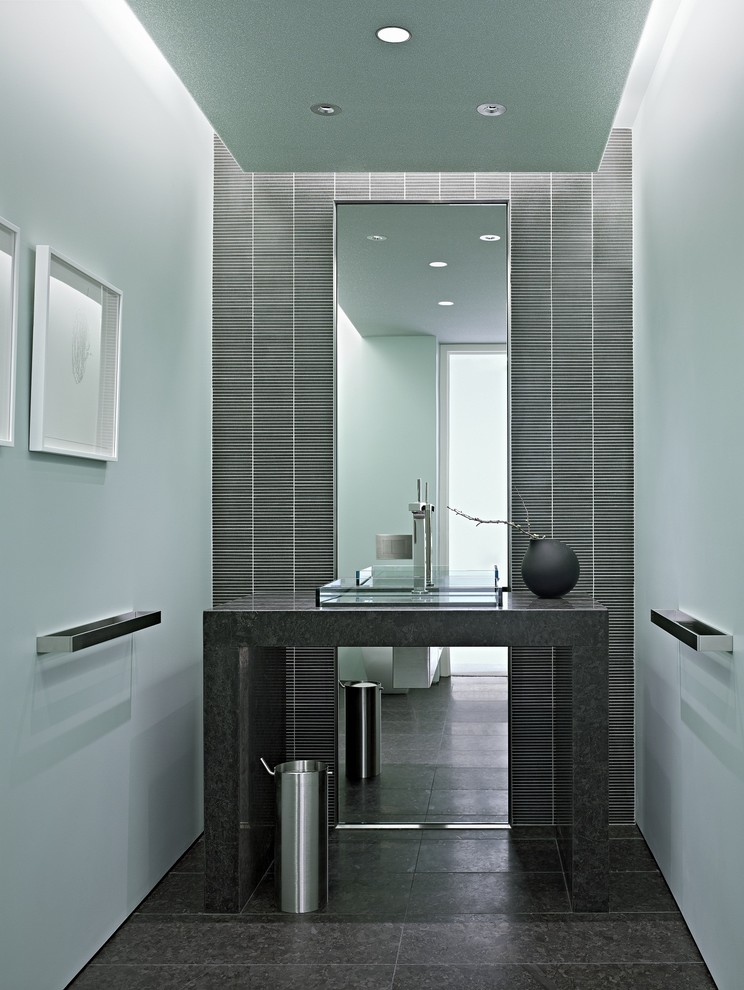 Grey Tile Backsplash Powder Room Modern with Accent Wall Bathroom Mirror