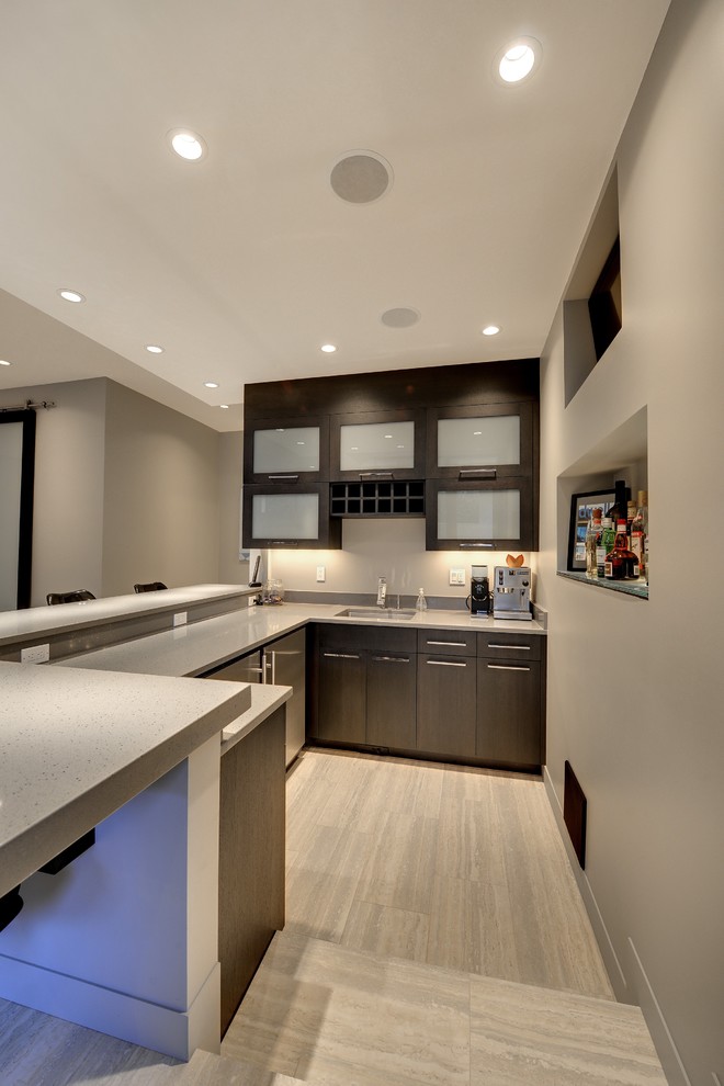 Grey Wood Flooring Basement Contemporary with None 