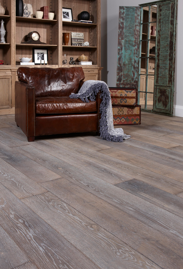 Grey Wood Flooring Family Room Traditional with Book Case Brown Distressed
