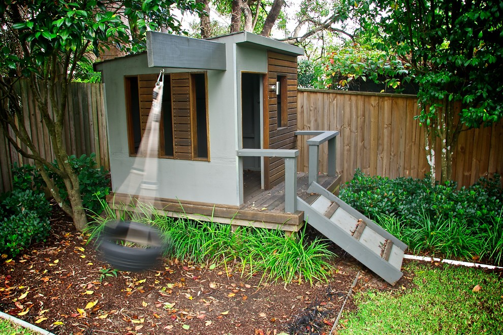 Grey Wood Stain Kids Contemporary with Backyard Bark Mulch Deck