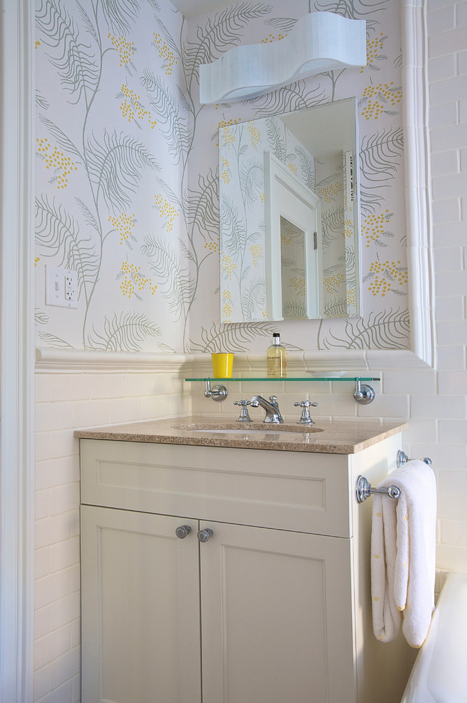 Half Bath Remodel Bathroom Transitional with Beige Countertop Chair Rail