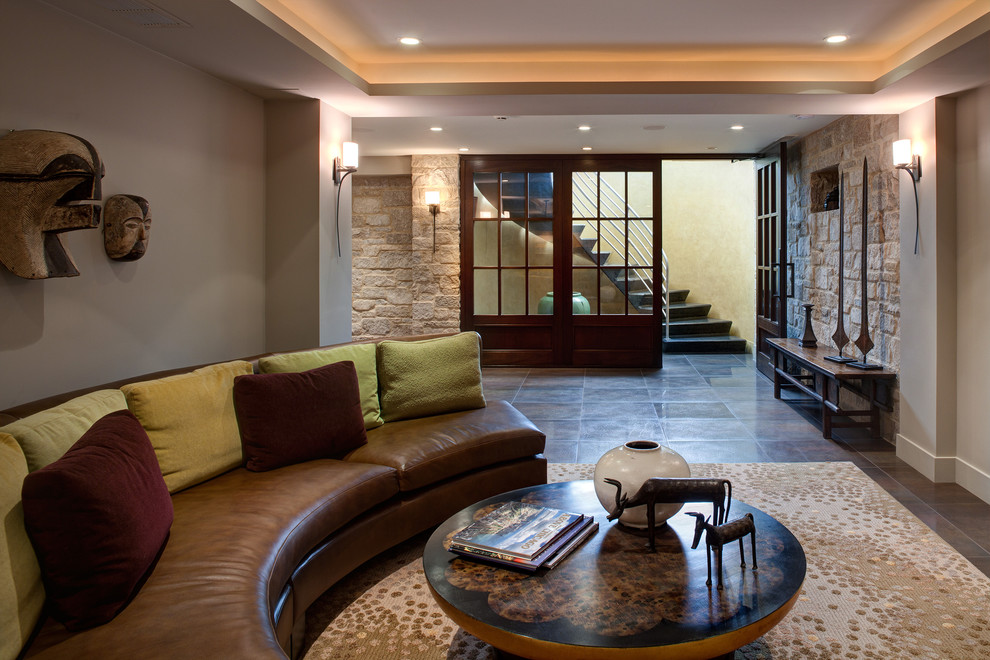 Half Circle Couch Basement Contemporary with Area Rug Beige Wall1