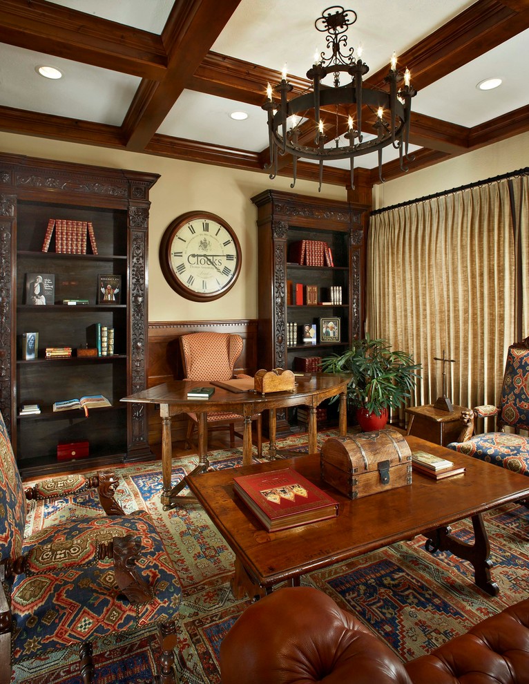 Half Circle Desk Home Office Traditional with Area Rug Bookcase Bookshelves