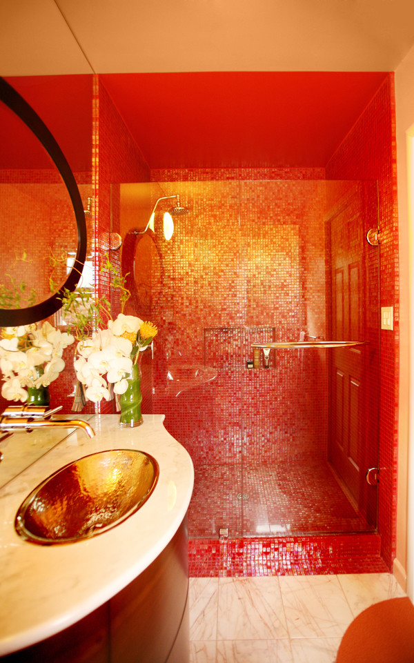 Hammered Stainless Steel Sink Bathroom Modern with 34 Glass Tiles Bathroom