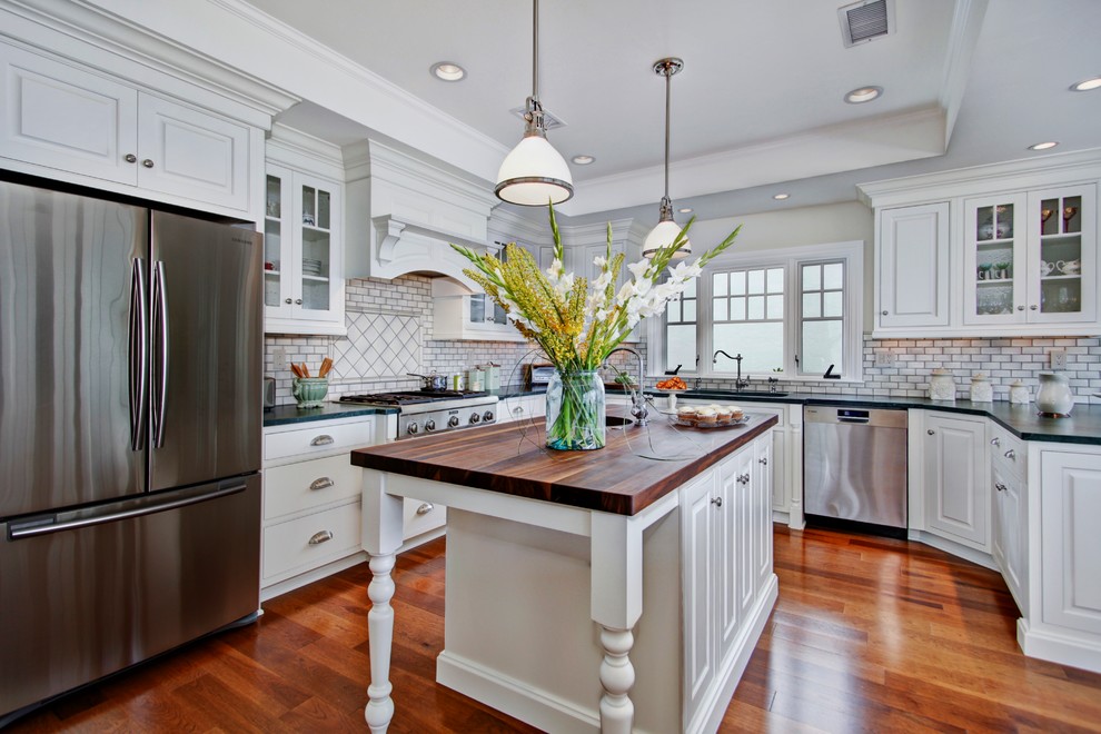 Hammered Stainless Steel Sink Kitchen Traditional with Backsplash Dewils Painted Cabinets