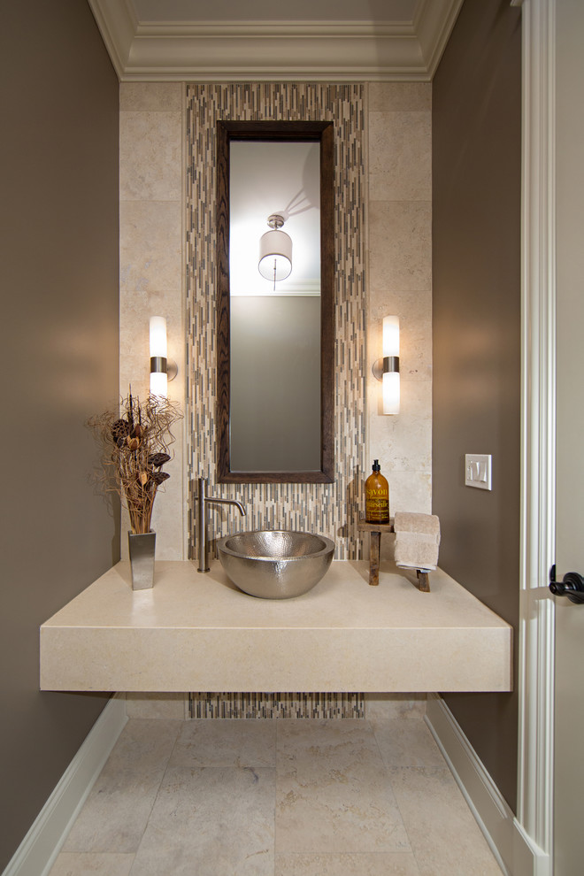 Hammered Stainless Steel Sink Powder Room Contemporary with Accent Wall Beige Floor
