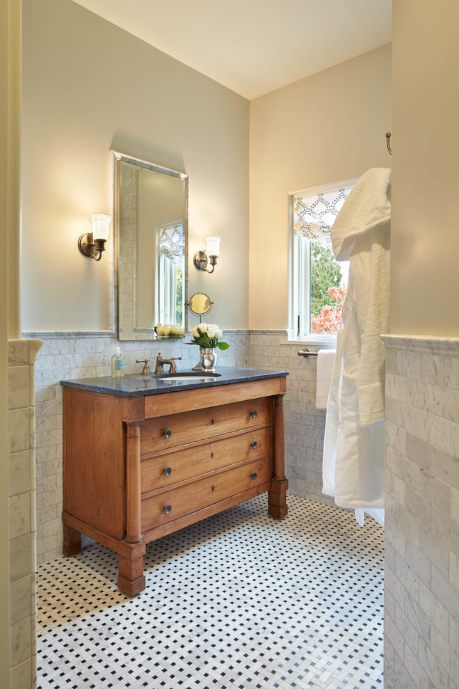 Hanging Bathroom Vanity Bathroom Traditional with Black and White Floor