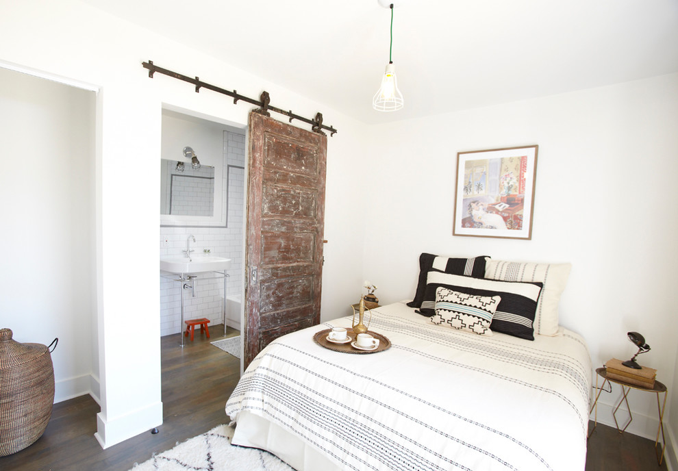 Hanging Sliding Door Bedroom Eclectic with Barn Door Beige Bedding