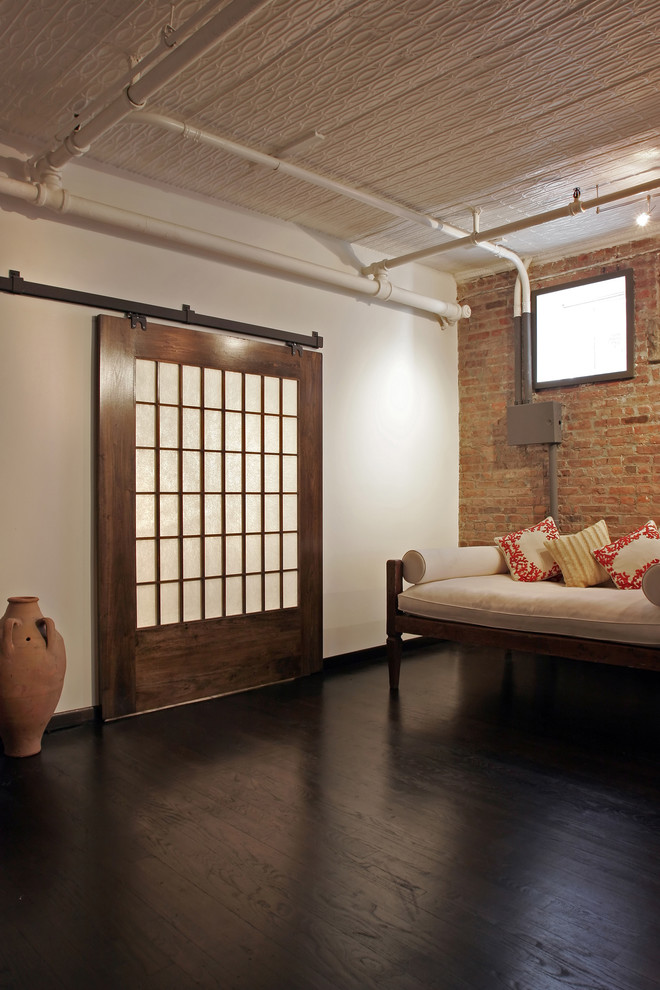 Hanging Sliding Door Living Room Industrial with Dark Wood Floor Daybed