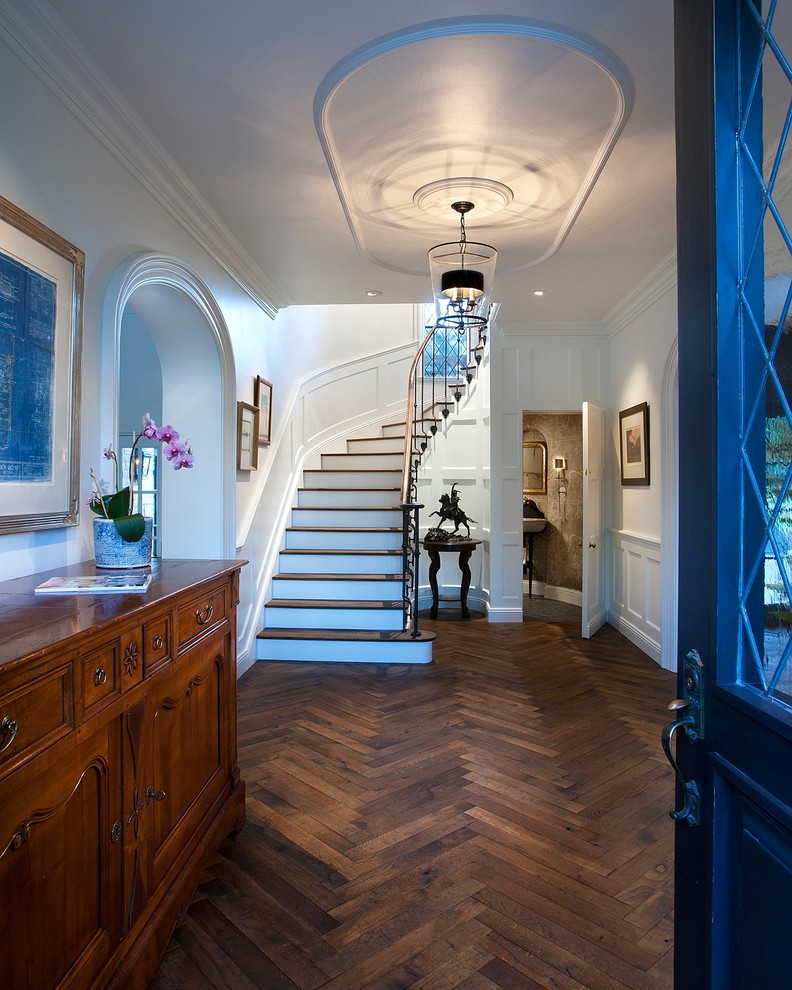 Hardwood Floor Designs Entry Traditional with Arched Doorway Baseboard Blue