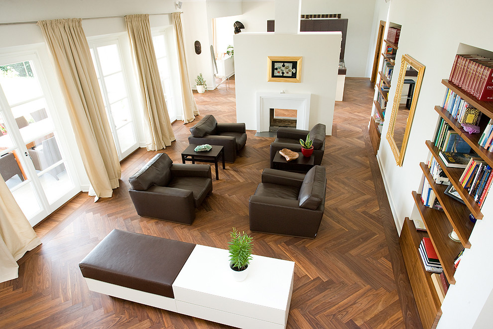 Hardwood Flooring Designs Living Room Modern with Beige Curtain Black Side