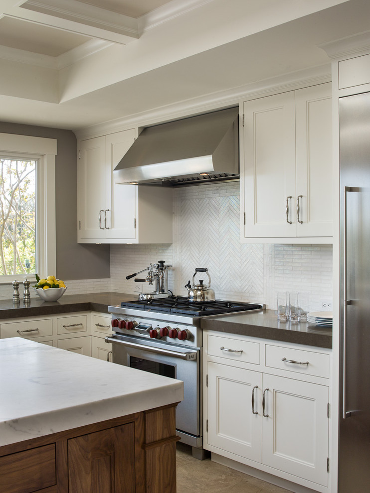 Herringbone Backsplash Tile Kitchen Traditional with Coffee Maker Coffered Ceiling