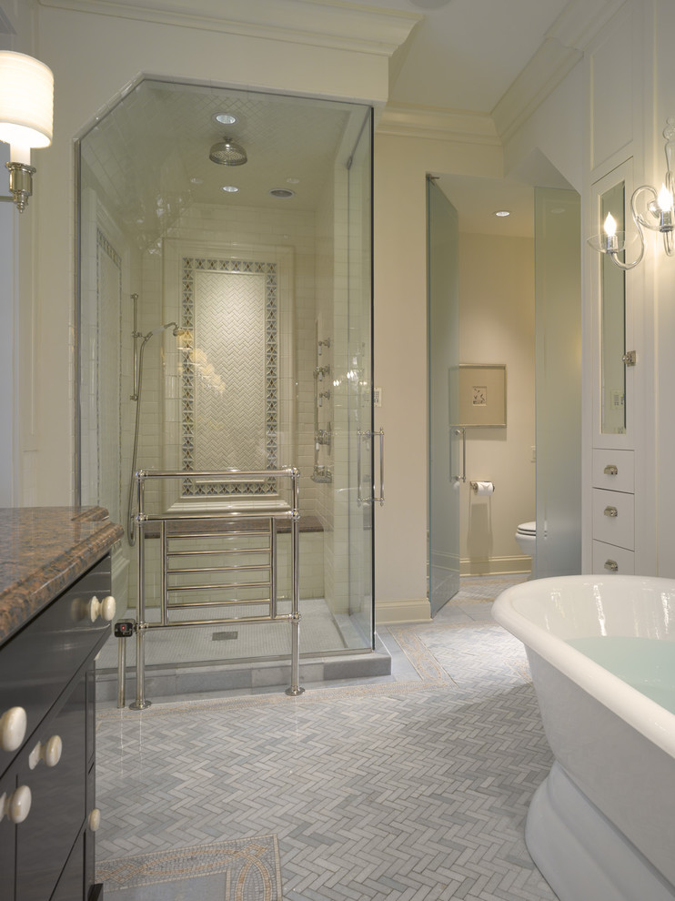 herringbone floor tile Bathroom Traditional with clean lines freestanding tub