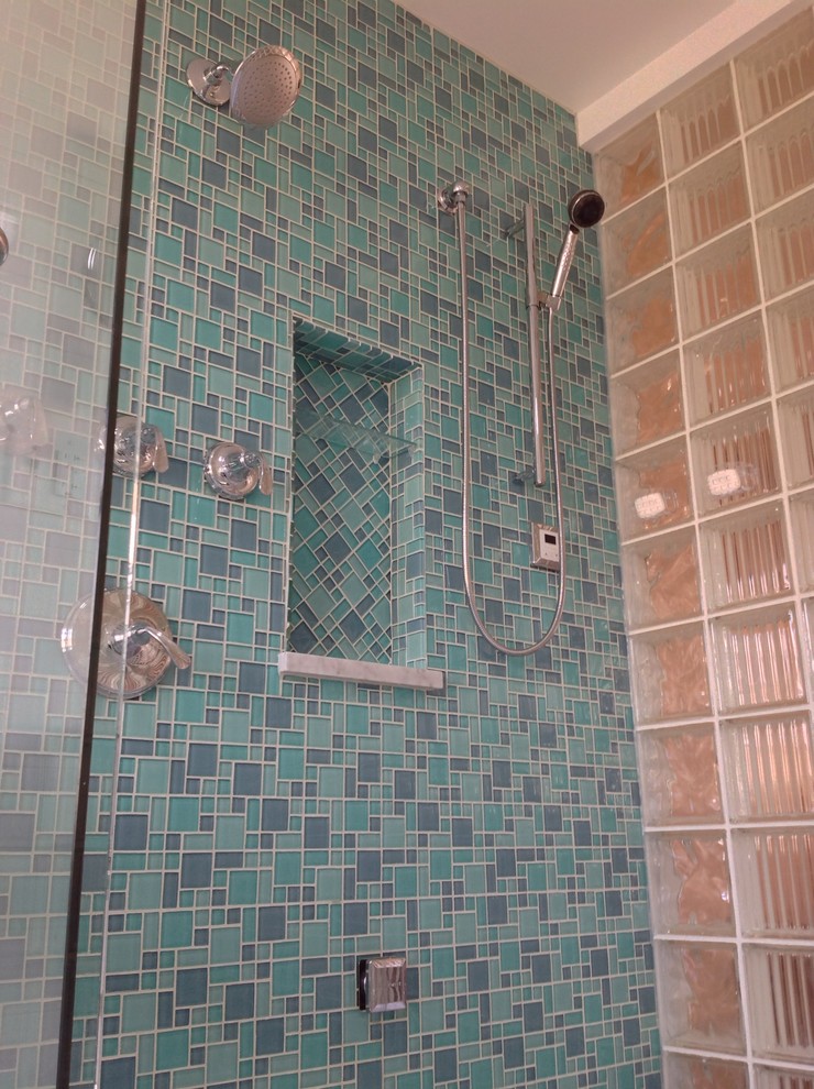 Herringbone Glass Tile Bathroom Beach with 3 X 6 Subway